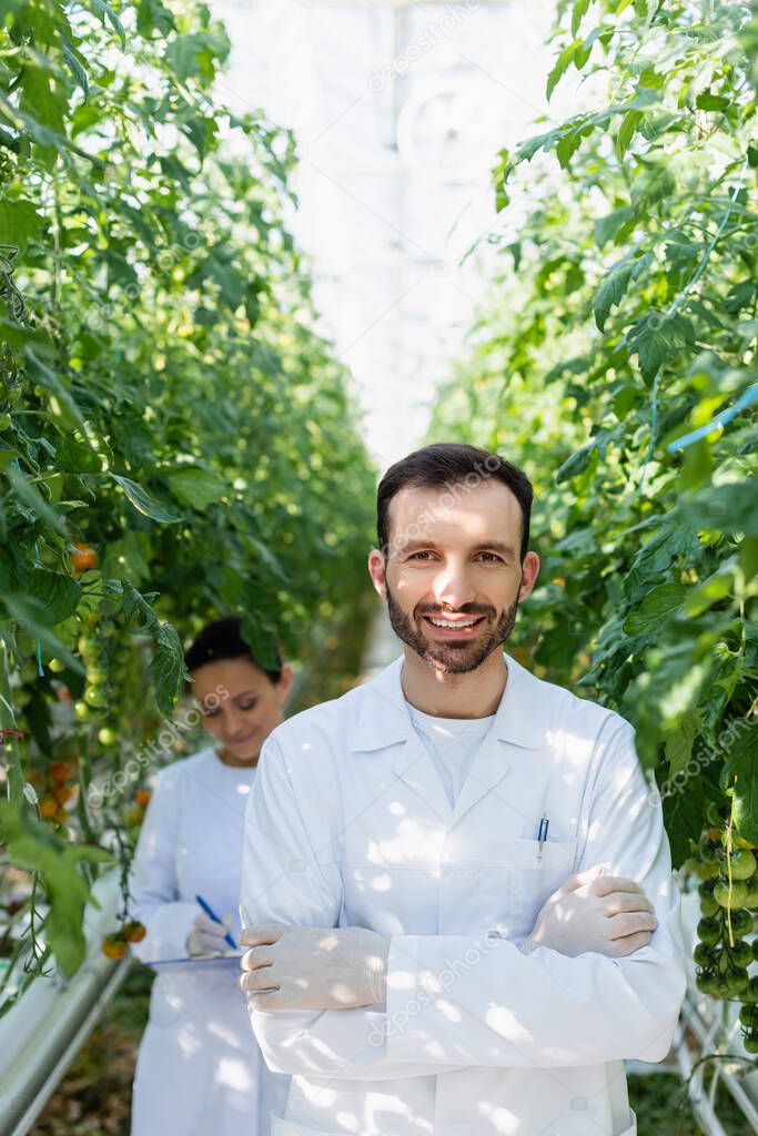 smiling agricultural technologist looking at camera near african american colleague working on blurred background