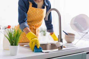 Cropped view of housewife with sponge cleaning sink in kitchen  clipart