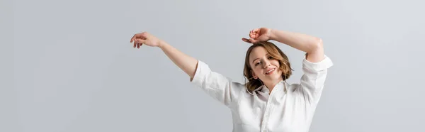 Overweight Pleased Woman White Shirt Posing Hands Head Isolated Grey — Stock Photo, Image