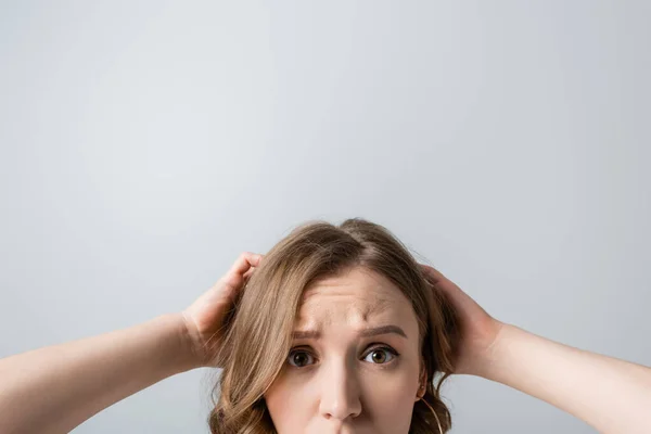 Cropped View Worried Young Woman Looking Camera Isolated Grey — Stock Photo, Image