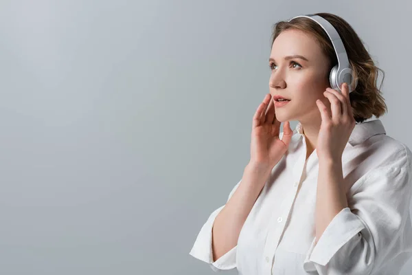 Size Woman Wireless Headphones Listening Music Isolated Grey — Stock Photo, Image