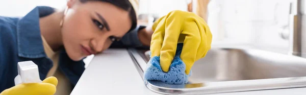 Sponge Detergent Hands Blurred Upset Woman Kitchen Banner — Stock Photo, Image