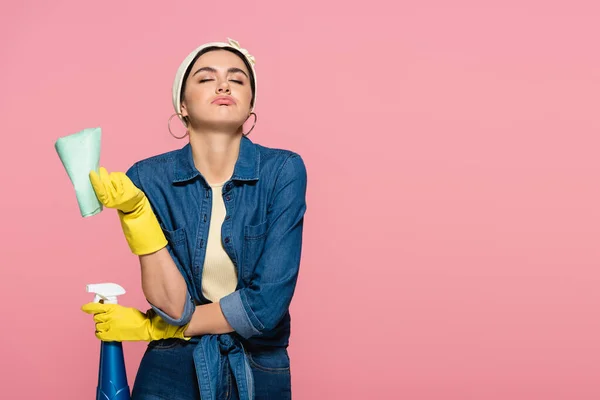 Tired Housewife Rag Detergent Isolated Pink — Stock Photo, Image