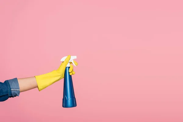 Cropped View Woman Rubber Glove Holding Detergent Isolated Pink — Stock Photo, Image