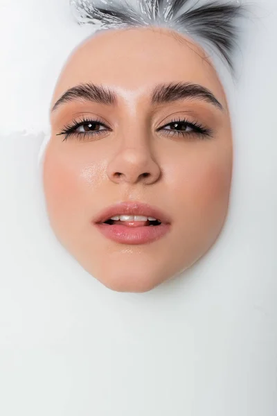 Close View Face Seductive Woman Bathing Milk — Stock Photo, Image