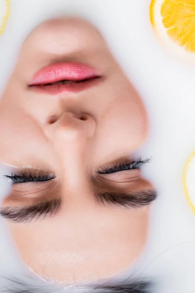 Close View Female Face Bath Milk Sliced Orange — Stock Photo, Image