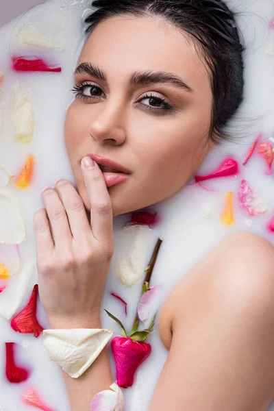 Seductive Woman Milk Bath Rose Petals Touching Lips While Looking — Stock Photo, Image