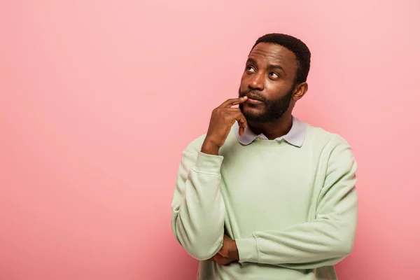 Thoughtful African American Man Finger Lips Looking Away Isolated Pink — Stock Photo, Image