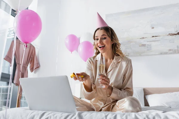Woman Champagne Party Blower Having Video Call Laptop Birthday — Stock Photo, Image