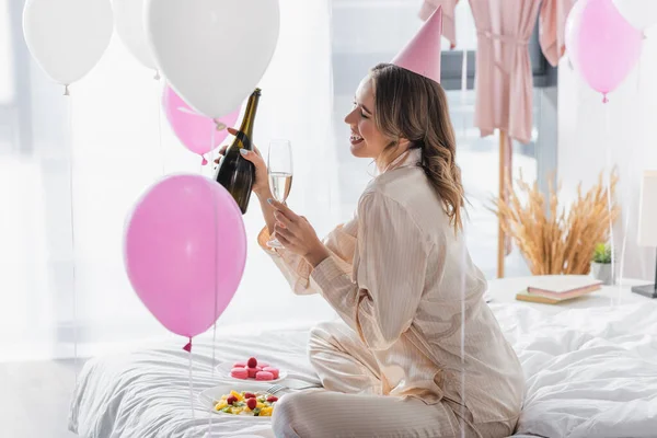 Side View Smiling Woman Holding Glass Bottle Champagne Fruit Salad — Stock Photo, Image