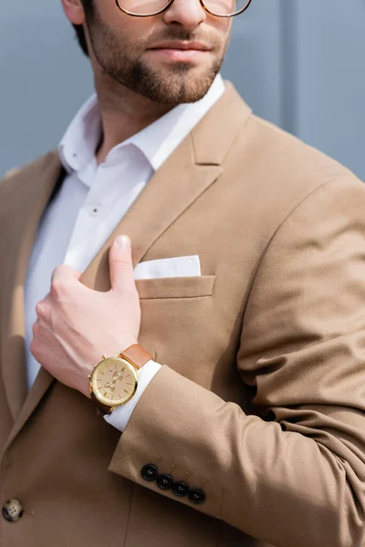 Partial View Businessman Beige Suit Wristwatch — Stock Photo, Image