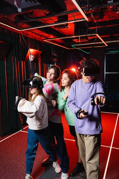 Excited Boy Showing Win Gesture Interracial Friends Gaming Headsets — Stock Photo, Image