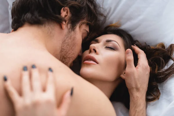 Young Man Touching Sensual Woman Bed — Stock Photo, Image