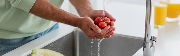 Częściowy Widok Człowieka Mycie Wesołych Pomidorów Kuchni Baner — Zdjęcie stockowe
