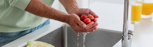 partial view of man washing cheery tomatoes in kitchen, banner