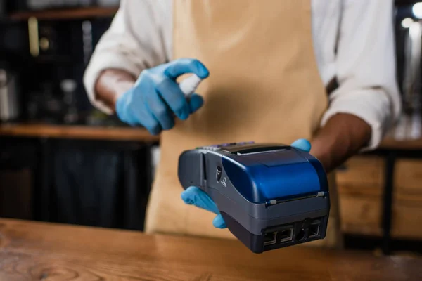 Cropped View Payment Terminal Antiseptic Hands African American Barista Latex — Stock Photo, Image