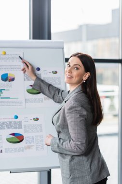 Görünmezlik çizelgesine işaret ederken kameraya gülümseyen yönetici 