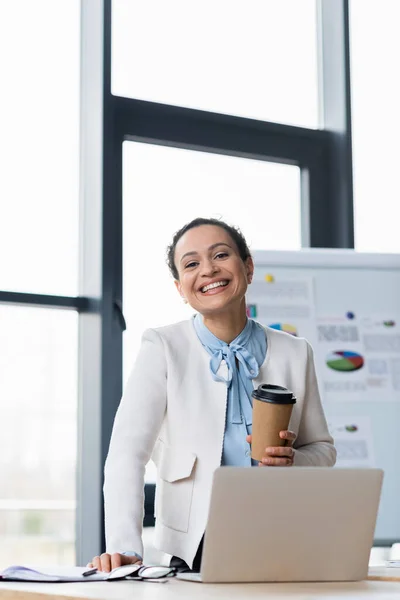 African American Businesswoman Coffee Smiling Camera Laptop — Stock Photo, Image