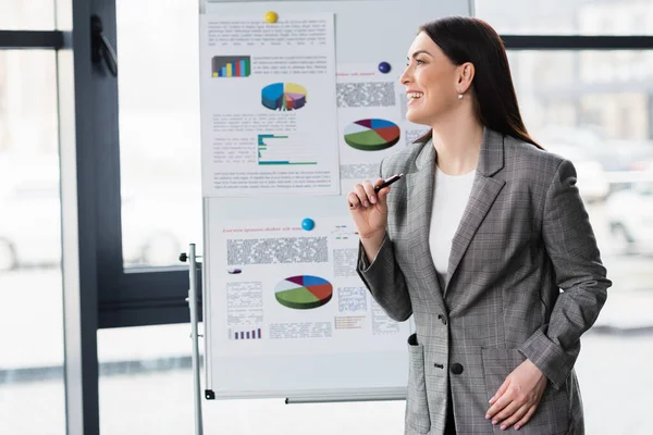 Seitenansicht Des Positiven Managers Mit Stift Der Nähe Von Flipchart — Stockfoto