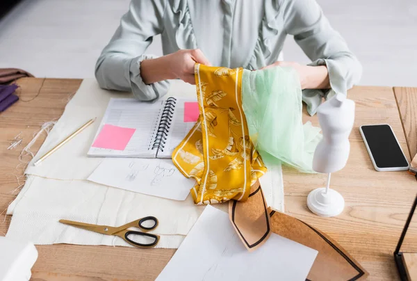 Cropped View Fabric Hands Seamstress Working Smartphone Mannequin — Stock Photo, Image