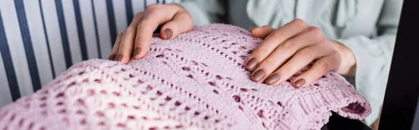 Cropped View Seamstress Touching Sweater Atelier Banner — Stock Photo, Image