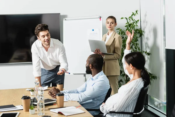 Excited Businessman Pointing Pen Interracial Business Team Conference Room — Stock Photo, Image