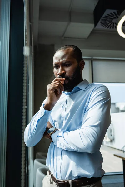 Pensive African American Businessman Holding Hand Face While Standing Office — Stock Photo, Image