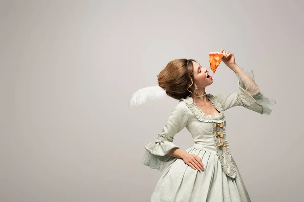 Stylish Woman Retro Clothing Eating Delicious Pizza Closed Eyes Isolated — Stock Photo, Image