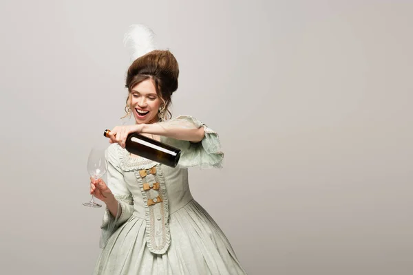 Excited Woman Vintage Outfit Pouring Wine Isolated Grey — Stock Photo, Image