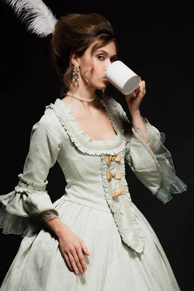 Pretty Woman Elegant Vintage Dress Drinking Tea Isolated Black — Stock Photo, Image