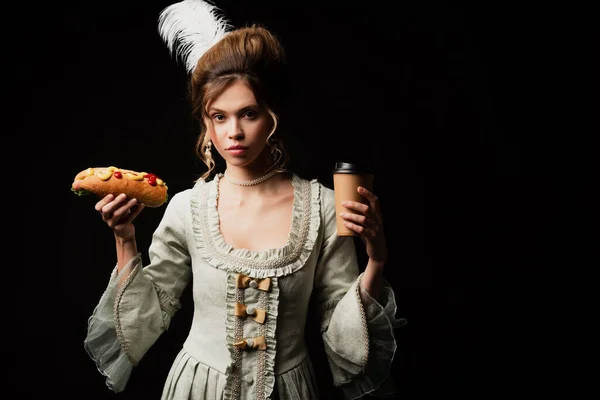 Young Woman Elegant Retro Dress Holding Coffee Hot Dog Isolated — Stock Photo, Image