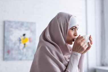 Güzel Müslüman kadın evde çay içiyor.