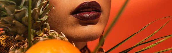 Close View Fruits Lips Lipstick Face Young African American Woman — Stock Photo, Image