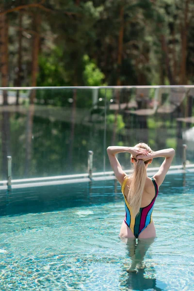 Back View Young Woman Swimsuit Standing Swimming Pool — Stock Photo, Image