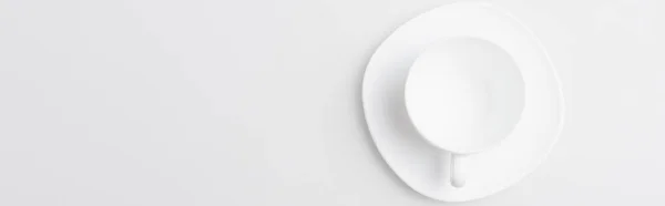 Верхний Вид Пустой Чашки Блюдца Изолированы Белом Баннер — стоковое фото