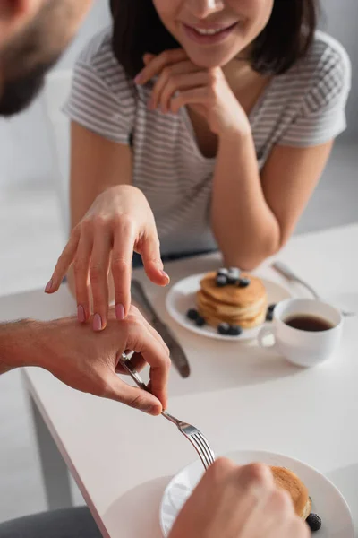 Partial View Young Woman Touching Hand Boyfriend Eating Breakfast Kitchen — Stock Photo, Image