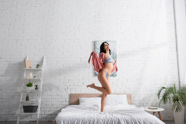 Barefoot Happy Woman Sexy Underwear Standing Bed — Stock Photo, Image