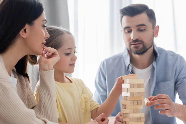 Couple Daughter Playing Wood Tower Game Home — Stock Photo, Image