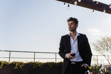 Takım elbiseli zarif bir adam elinde kırmızı şarap kadehiyle ve cebinde çatıda duruyor.