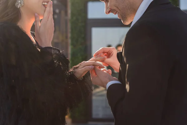 Partial View Man Wearing Ring Finger Happy Girlfriend Outdoors — Stock Photo, Image