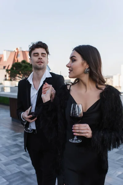 Happy Woman Holding Hands Man Holding Glass Wine Terrace — Stock Photo, Image