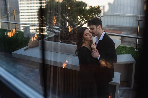 Woman Man Hugging Terrace Blurred Window Restaurant — Stockfoto
