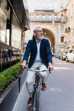 bearded middle aged man in glasses riding bicycle on modern urban street 