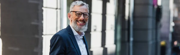 Cheerful Bearded Man Glasses Urban Street Banner — Stok Foto