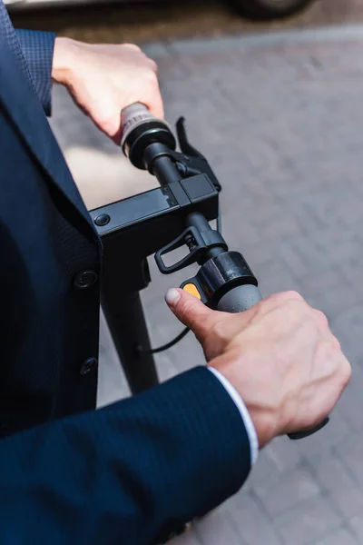 Cropped View Mature Businessman Riding Electric Scooter — 스톡 사진