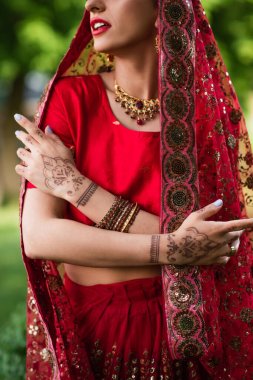 cropped view of young indian bride in red sari and headscarf with ornament  clipart