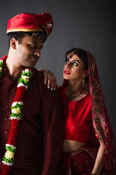 Indian Man Turban Looking Pretty Bride Traditional Headscarf Isolated Grey — Stock Photo, Image