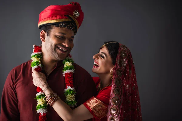 Cheerful Indian Bride Wearing Garland Bridegroom Isolated Grey — Stock Photo, Image