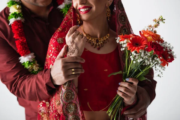 Cropped View Indian Man Ring Finger Holding Hand Happy Bride — Stock Photo, Image