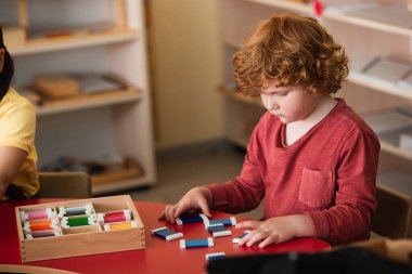 Montessori okulundaki kızın yanında renkli kartları sıralayan kıvırcık çocuk.
